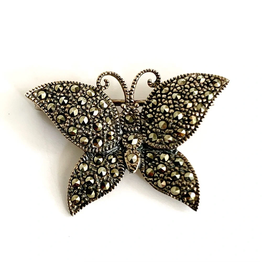VTG Butterfly Bug Insect Pin Brooches Bundle of  4 Silver Damascene Rhinestone - Picture 4 of 11